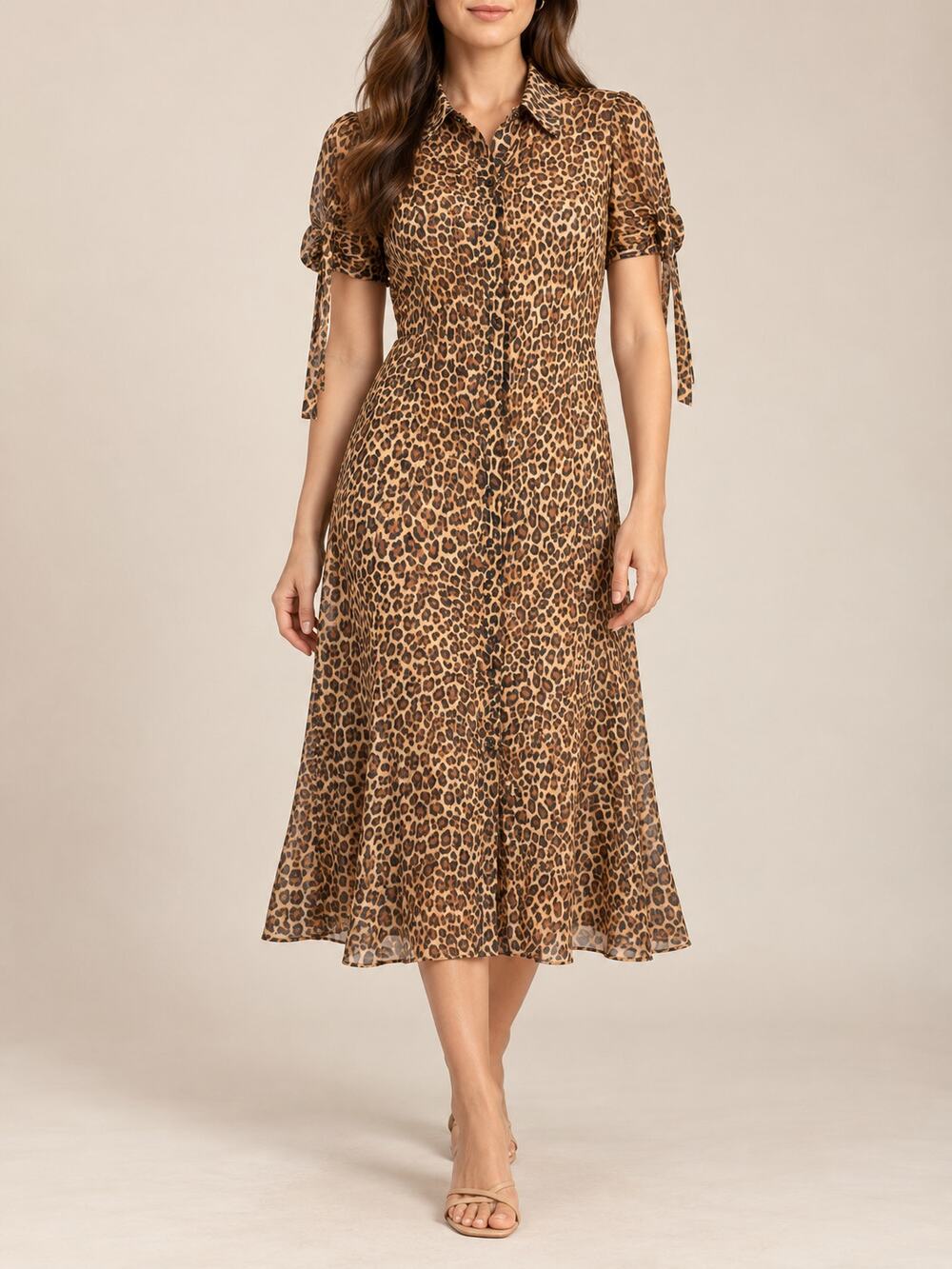 Fire Los Angeles Womens Shirt Dress Medium Brown Leopard Animal Print Tie Sleeve